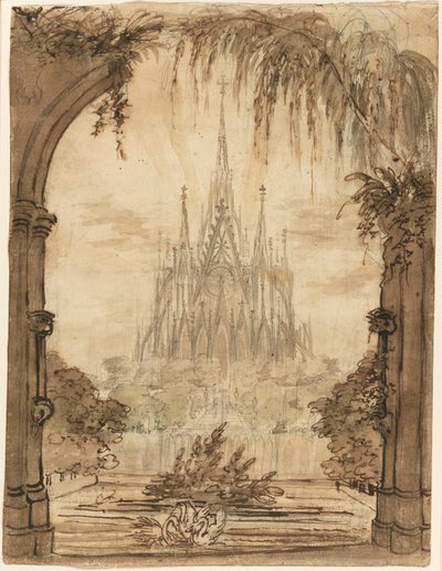 Catedral gótica atrás de uma lagoa com cisnes de Karl Friedrich Schinkel