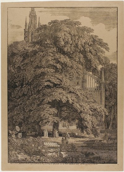 Igreja gótica atrás de um bosque de carvalhos com túmulos de Karl Friedrich Schinkel