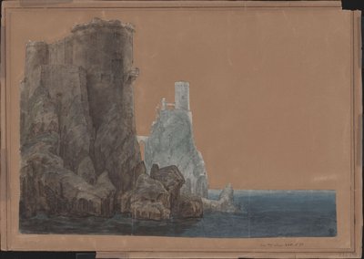 Rei Yngurd. Tragédia de Adolf Müllner. Projecto para o 4.º cenário. Torre com a Porta da Morte junto ao mar de Karl Friedrich Schinkel