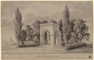 Lützen. Projecto para um monumento ao rei Gustavo II Adolfo da Suécia, em forma de salão românico sobre a Pedra Sueca, com abside anexa. Vista de Karl Friedrich Schinkel