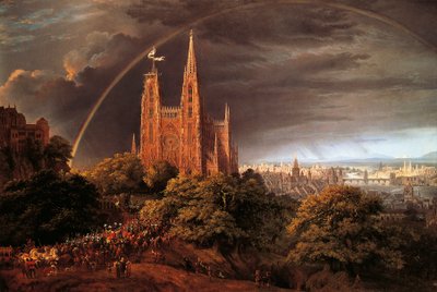 Cidade medieval às margens do rio, por Karl Friedrich Schinkel (1781-1841) de Karl Friedrich Schinkel
