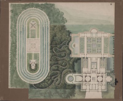 Potsdam-Sanssouci. Casa de campo antiga junto ao Palácio de Charlottenhof. Planta de situação e planta de Karl Friedrich Schinkel