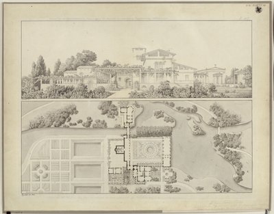 Potsdam-Sanssouci. Termas romanas junto ao Palácio de Charlottenhof. Vista do oeste e planta da casa do jardineiro de Karl Friedrich Schinkel