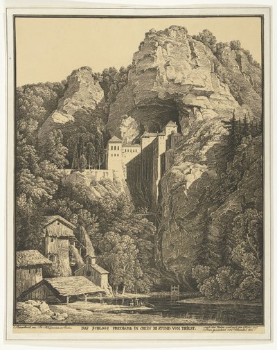 Castelo Prediama entre as rochas O Castelo Prediama em Crein XII Stund von Triest (título no objeto) de Karl Friedrich Schinkel