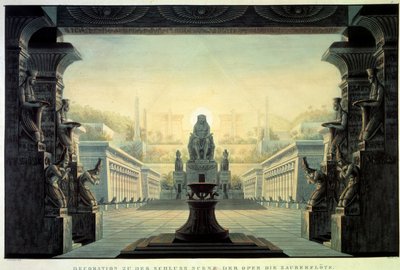 Decoração do Teatro: Decoração para a ópera "La Flauta Encante (Die Zauberflote) de Wolfgang Amadeus Mozart, sobre um libreto de Emanuel Schikaneder. Desenho de Karl Schinkel (1781-1841) de Karl Friedrich Schinkel