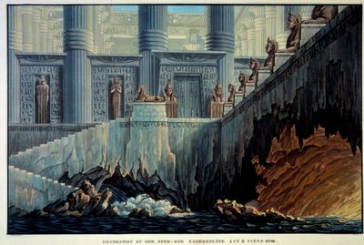 Decoração teatral para a encantadora flauta (Ópera "Die Zauberflote" de Wolfgang Amadeus Mozart). Gravura de Karl Schinkel (1781-1841) Ec. Todos. de Karl Friedrich Schinkel