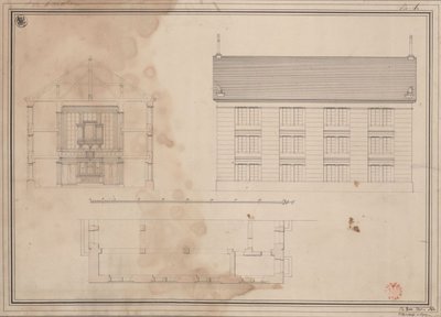 Tillendorf (Bolesławice, distrito de Liegnitz). Projecto para a igreja protestante. Planta, alçado da fachada lateral e corte transversal de Karl Friedrich Schinkel