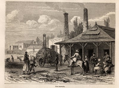 Uma fábrica de açúcar da Riviere du Rempart, na Maurícia, desenho de Karl Girardet (1813-1871), para ilustrar a estadia de Alfred Verney na Maurícia, em 1861. Gravura em "Le tour du monde", editado por Edouard Charton de Karl Girardet