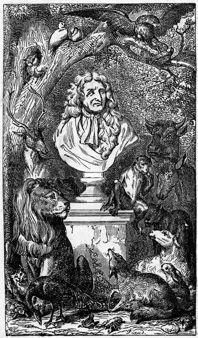 Busto alegórico de Jean de La Fontaine, rodeado de animais; frontispício de um livro das Fábulas de la Fontaine de Karl Girardet