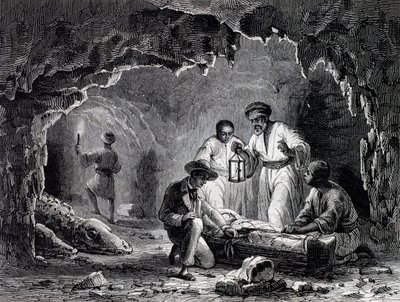 Descobertas arqueológicas em grutas de Samoun, gravura baseada no desenho de Karl Girardet (1813-1871) de Karl Girardet