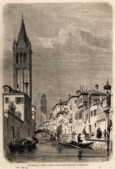 O Canal Rezonico, desenho de Karl Girardet (1813-1871), para ilustrar a viagem de Adalbert de Beaumont a Veneza, por volta de 1850. Gravura em "Le tour du monde", editado por Edouard Charton de Karl Girardet