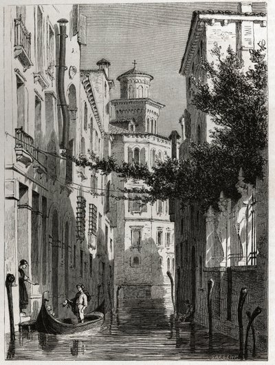 O palácio de Bianca Cappello em Venezia, Veneza. desenho de Karl Girardet (1813-1871), para ilustrar a viagem de Adalbert de Beaumont a Veneza, por volta de 1850. Gravura em "Le tour du monde", editado por Edouard Charton de Karl Girardet