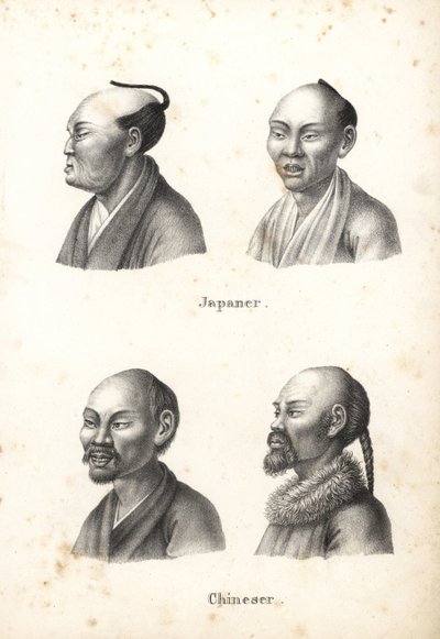 Bustos de homens japoneses com penteado de nódulo superior de conmage, e homens chineses com barba, um com rabo de porco. Litografia de Karl Joseph Brodtmann de Heinrich Rudolf Schinz