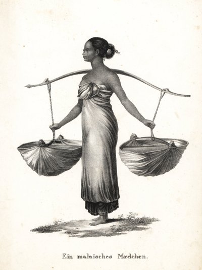 Rapariga malaia com cabelo amarrado com sapatilhas de um jugo. Litografia de Karl Joseph Brodtmann de Heinrich Rudolf Schinz