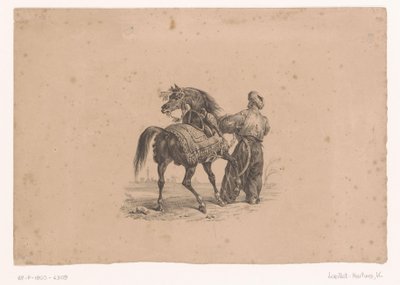 Cavalo e homem de pé em roupas otomanas Cavalos e Cavaleiros (título da série) de Karl Loeillot Hartwig