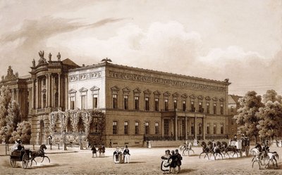 Unter den Linden, Berlim. o Palácio do Príncipe Wilhelm, construído por Karl Langhans em 1834-36, e a Künigliche Bibliothek, construída por Georg Christian Unger 1775-78, de acordo com os planos de Josef Emanuel Fischer von Erlach, com vista para a Platz a de Karl Loeillot Hartwig