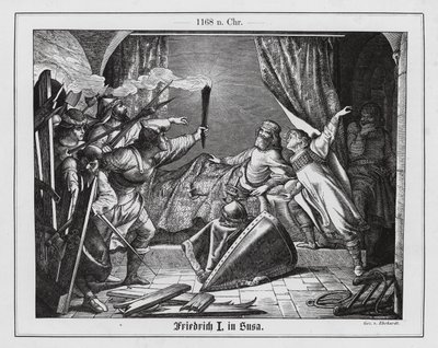 Hartmann de Siebenich disfarçado de Frederico Barbarossa para permitir a fuga do Imperador de Susa, em Itália de Karl Ludwig Adolf Ehrhardt