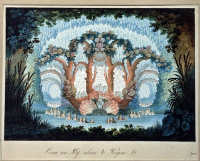 Desenho de palco para a ópera "Chor Valley" de A.Verstovski. Obra de Karl Ossipovich Braun, o Grande (?-1854). Tinta e aguarela sobre papel, 31,9 x 41,2 cm, arte russa, arte cénica de Karl Ossipovich the Elder Braun
