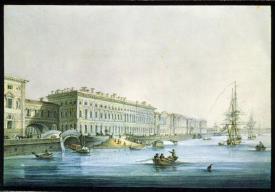 Vista do aterro do palácio em São Petersburgo. Pintura de Karl Petrovich Beggrov (1799-1875). Aguarela e tinta sobre papel, ca. 1830, arte russa do século XIX, classicismo. Museu Estatal Russo, Saint Pet de Karl Pavlovich Beggrov