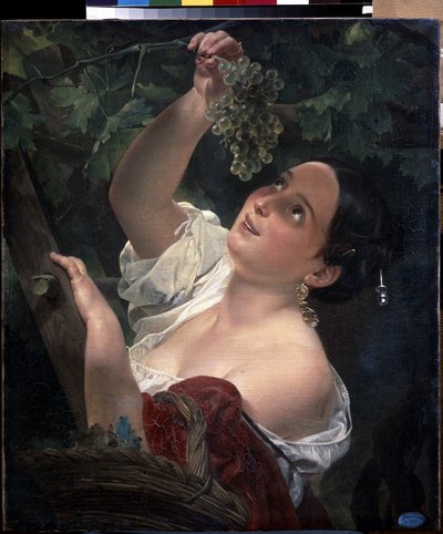 Meio-dia italiano (meio-dia italiano). Jovem, ombro nu, colhendo um cacho de uvas - Pintura de Karl Pavlovich Briullov (Briullov) (1799-1852) - óleo sobre tela de Karl Pavlovich Bryullov