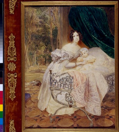 Retrato de Maria Butevena com sua filha Maria (Retrato de Maria Buteneva com a filha Maria) - Obra de Karl Pavlovich Briullov (Briullov) (1799-1852), aquarela sobre papel de Karl Pavlovich Bryullov