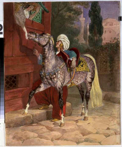Rendezvous em Constantinopla (agora Istambul, Turquia). Um jovem de turbante corteja uma jovem que está inclinada para fora da janela para oferecer açúcar ao seu cavalo. No fundo, a Basílica e Mesquita de Santa Sofia. Obra de Karl Pavlovich de Karl Pavlovich Bryullov