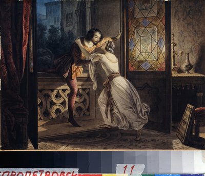 Romeu e Julieta. Um homem a subir uma varanda para se encontrar com uma mulher num encontro secreto. Pintura de Karl Pavlovich Briullov (Briullov) (1799-1852). Aguarela a bordo, ca. 1830, 23,2 x 31,5 cm, art rus de Karl Pavlovich Bryullov