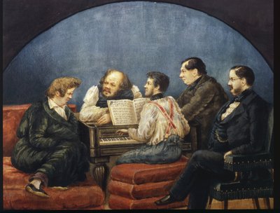 O compositor Michail I Glinka e seus amigos (Retrato de grupo de K Briullov, M Glinka, Y Yanenko, N Kukolnik) de Karl Pavlovich Bryullov