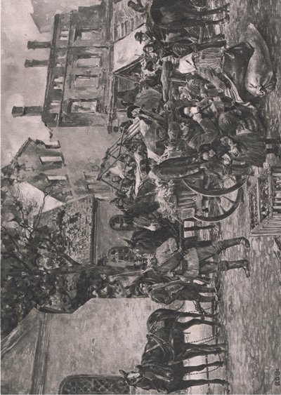 Refugiados da Prússia Oriental de regresso a casa, descansando no mercado (praça) de Tapiau, ilustração de Hindenburg publicada por Daterlandischer Derlag C U Weller Berlin de Karl Storch