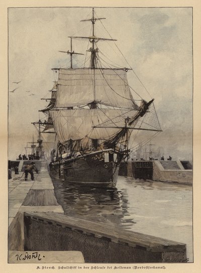 Navio-escola na eclusa de Holtenau, no Canal de Kiel, Alemanha (gravura a cores) de Karl Storch