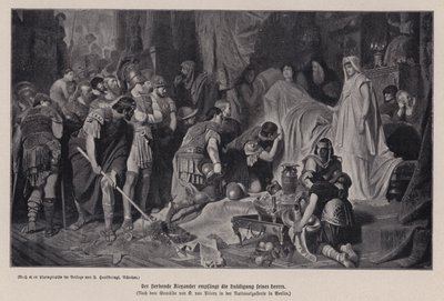 O moribundo Alexandre o Grande recebendo a homenagem do seu exército, Babilónia, 323 AC (litho) de Karl Theodor von Piloty