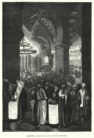 Orações da noite durante o Ramadão, Egipto (litho) de Karl Wilhelm Gentz