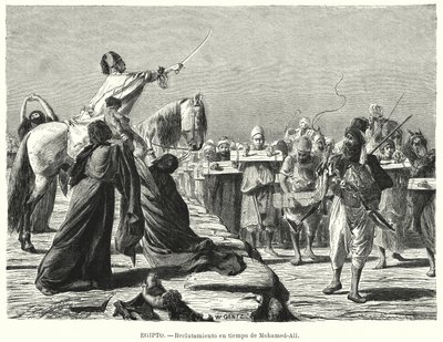Recrutamento de soldados para o Exército Otomano durante o tempo de Muhammad Ali, Khedive do Egito (litho) de Karl Wilhelm Gentz