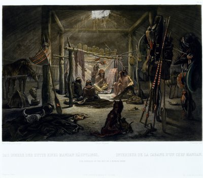 O Interior da Cabana de um Chefe Mandan, gravado por Narcisse Edmond Desmadryl (n.1801) c.1835 (gravura com aquatint) de Karl after Bodmer
