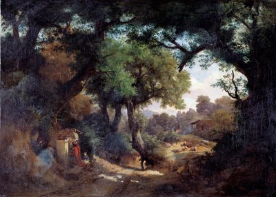 Representação da pintora Andrea del Castagno (1419-1457) com pastor numa paisagem (Retrato da pintora Andrea del Castagno e pastor numa paisagem) Pintura de Carlo Marko junior (1822-1891) 1863 Dim 59x83 cm Genes, Galleria d