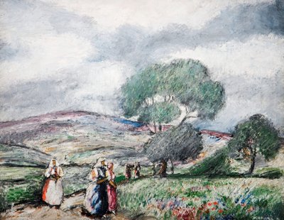 Stormy Landscape With Blue And Red Figures, 1940. de Karoly Kotasz