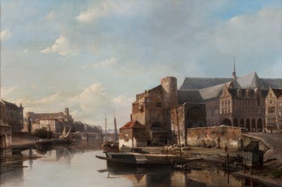 Uma visão de Capriccio de uma cidade holandesa ao longo de um rio de Kaspar Karsen