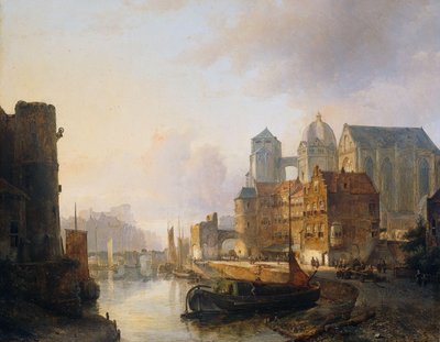 Vista imaginária de uma cidade ribeirinha com a Catedral de Aachen de Kasparus Karsen (signed by artist)