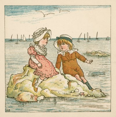 Menino e menina encalhados numa rocha (cor litho) de Kate (after) Greenaway