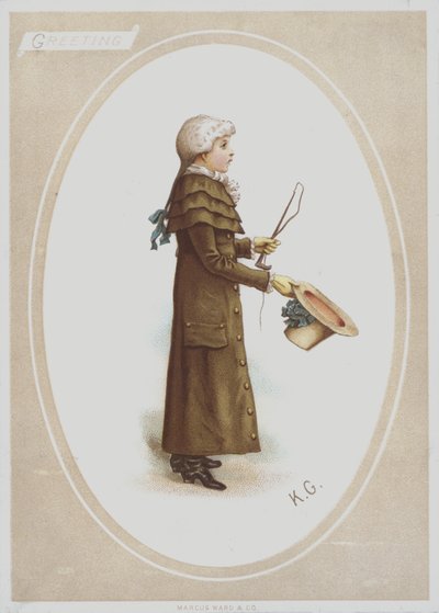 Rapaz de casaco comprido castanho, com peruca, e chapéu e chicote de caça (cor litho) de Kate (after) Greenaway