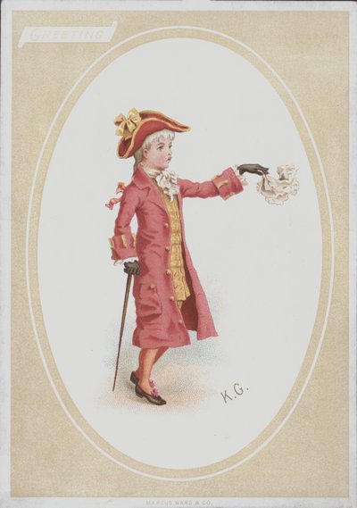 Rapaz de fato vermelho, lenço ondulado (cor litho) de Kate (after) Greenaway
