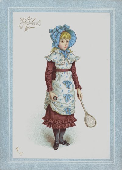 Rapariga de vestido e touca, segurando a peteca e a raquete (cor litho) de Kate (after) Greenaway
