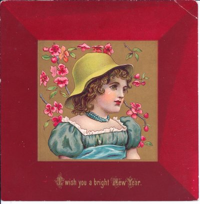 Um, vitoriano, cartão natal, de, um, menina, vestido, em, regency, roupas, segurando, um, buquê flores, c.1880 de Kate Greenaway