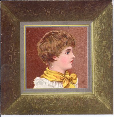 Um, vitoriano, ano novo, cartão, de, um, menina, em, regência, roupas, desgastar, um, boné azul, c.1880 de Kate Greenaway