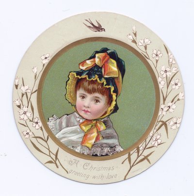 Um cartão vitoriano de um menino com o braço redondo de uma menina olhando para um livro, c.1880 de Kate Greenaway