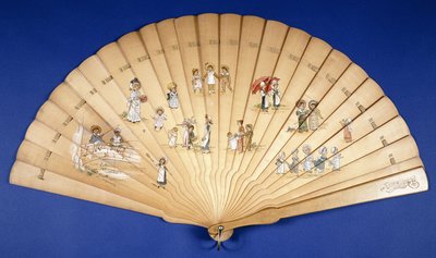 Um grande leque de brise de madeira pintado em cores com grupos de crianças em várias atividades, de Kate Greenaway