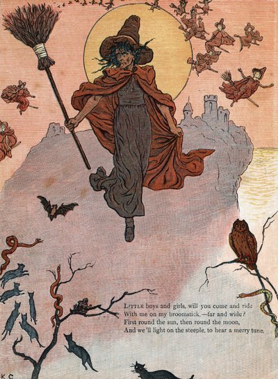 Uma bruxa e a sua vassoura rodeadas de gatos pretos, morcegos e corujas. (Meninos e meninas, podem vir e cavalgar comigo na minha vassoura?) Ilustração de Kate Greenaway (1846-1901) do livro de contos e rimas infantis "Under The Window" para crianças de Kate Greenaway
