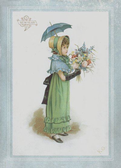 Menina, em, vestido verde, segurando, parasol, e, um, buquê flores de Kate Greenaway