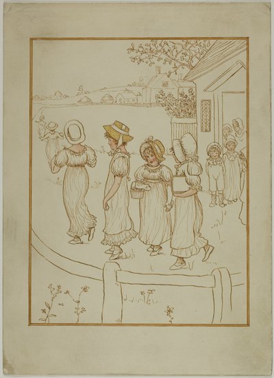 Garotas descendo uma pista de Kate Greenaway