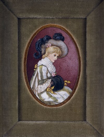 Retrato oval de uma menina loira usando um chapéu de plumas com as mãos dentro do regalo de Kate Greenaway